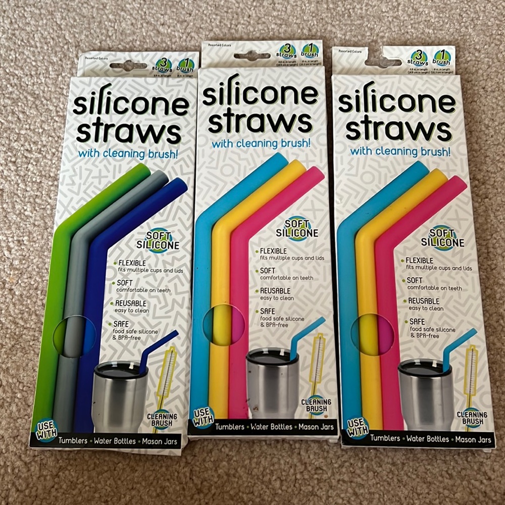 NIB 3-4pc (12pc) Silicone Straws With Cleaning Brush 9.8”